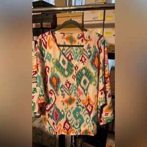 Vibrant Multi-Color Ikat Print V-Neck Blouse